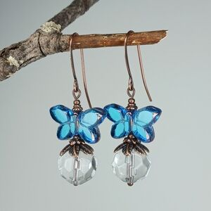 HAND CRAFTED Blue Artisan Glass Butterfly Copper Boho Vintage Style Earrings